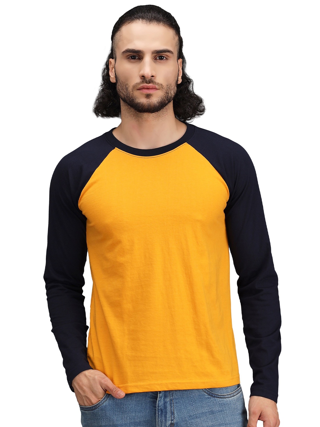 

PockMAN Men Mustard Yellow Colourblocked Raw Edge Outdoor T-shirt