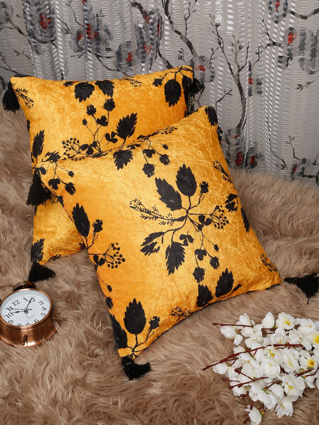 

HOSTA HOMES Set Of 2 Yellow & Black Floral Digitally Printed Velvet Square Cushion Covers