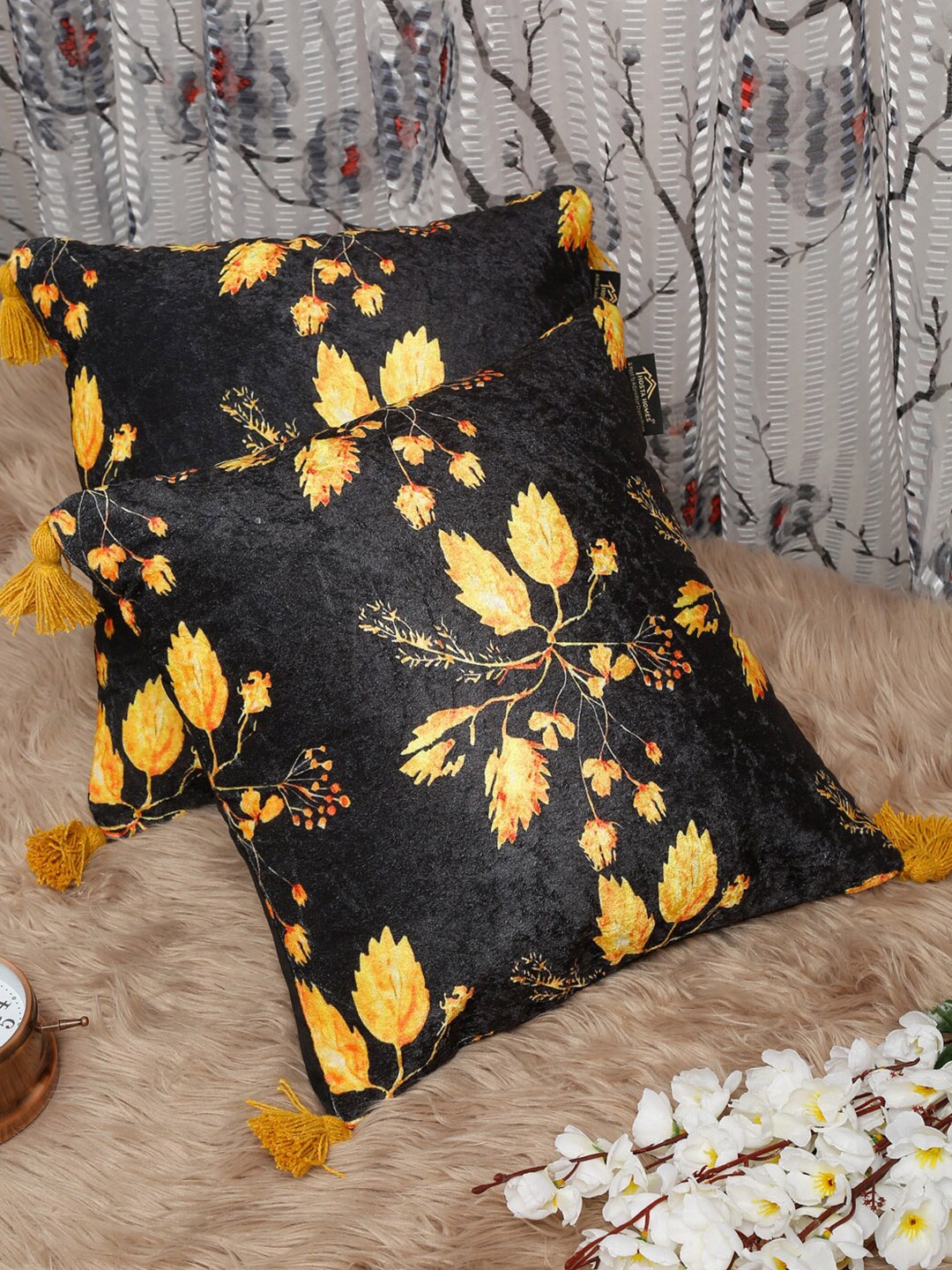 

HOSTA HOMES Set Of 2 Black & Yellow Floral Digitally Printed Velvet Square Cushion Covers