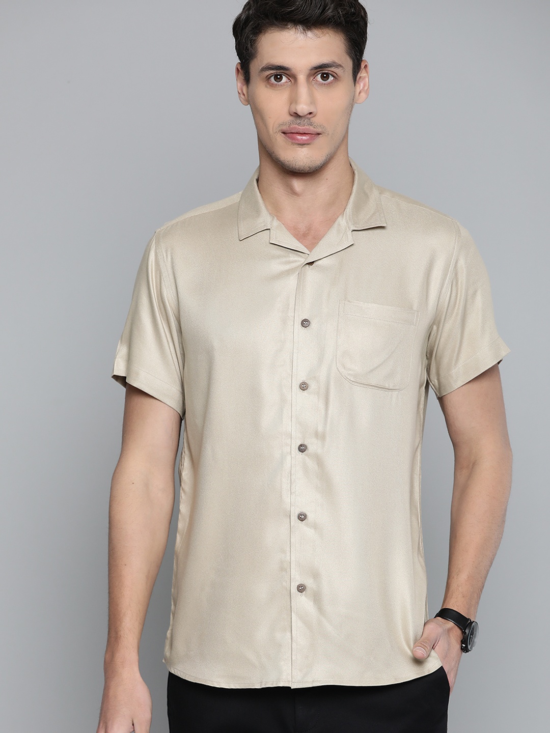 

DENNISON Men Beige Cotton Twill Slim Fit Casual Shirt