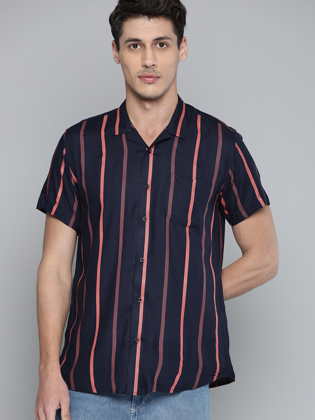 

DENNISON Men Navy Blue Smart Slim Fit Vertical Stripes Opaque Casual Shirt with Pocket