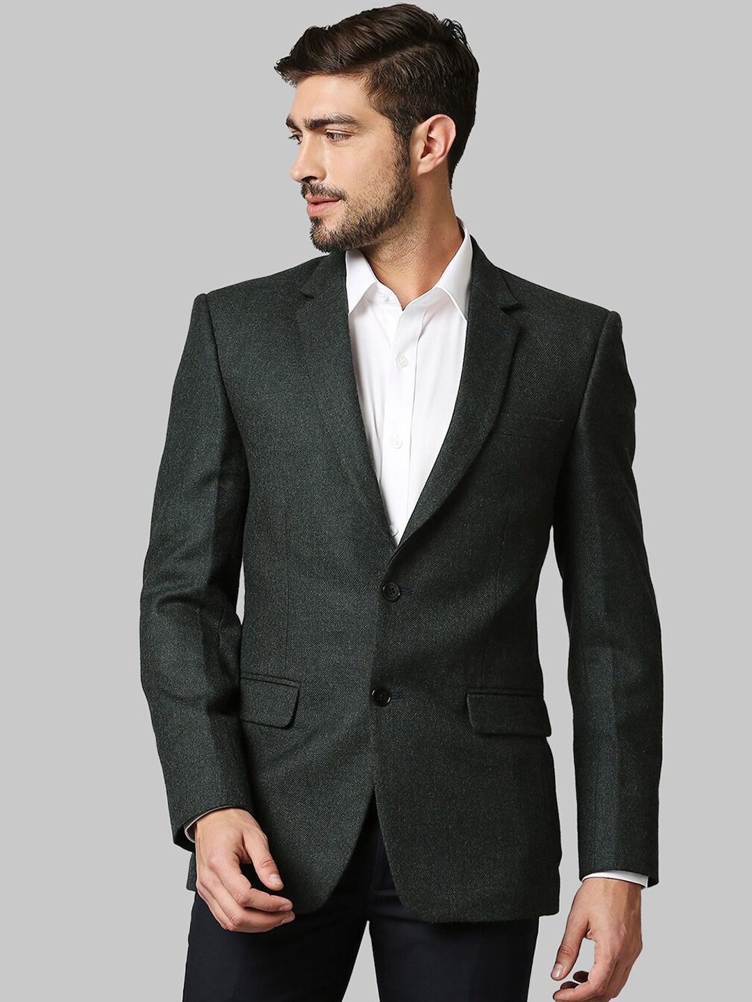

Park Avenue Men Green Solid Super Slim Fit Single Breasted Blazer