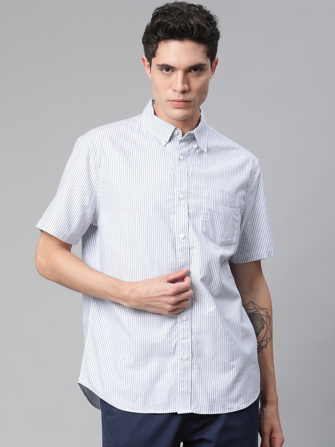 

Marks & Spencer Men Blue & White Striped Cotton Casual Shirt