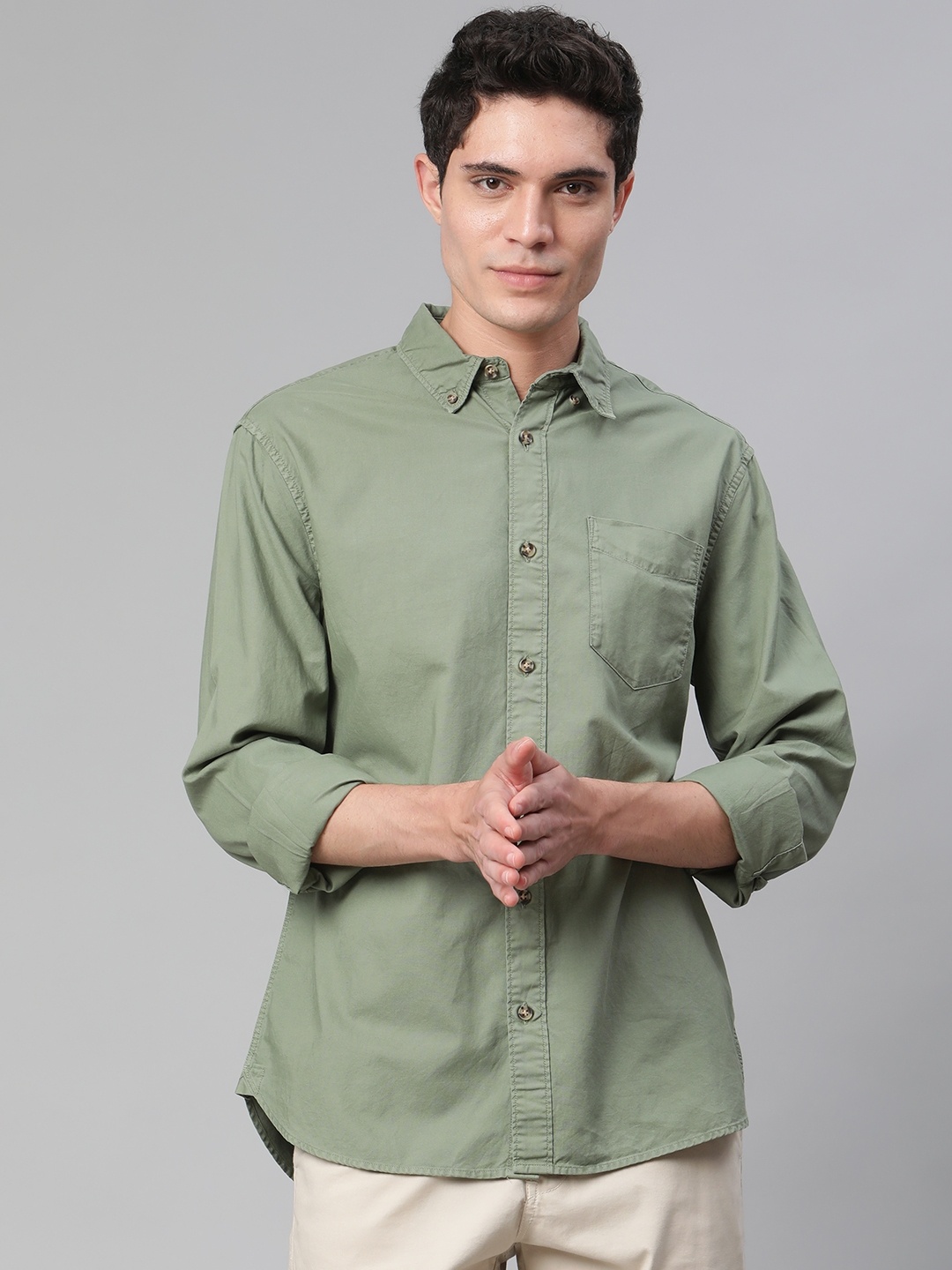 

Marks & Spencer Men Olive Green Cotton Casual Shirt