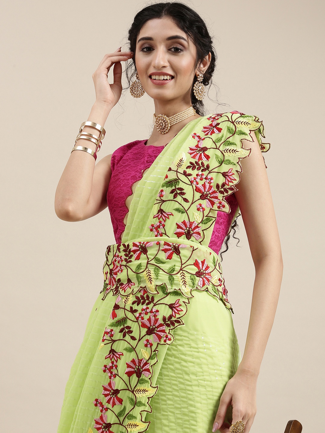 

VASTRANAND Yellow Beads and Stones Satin Saree