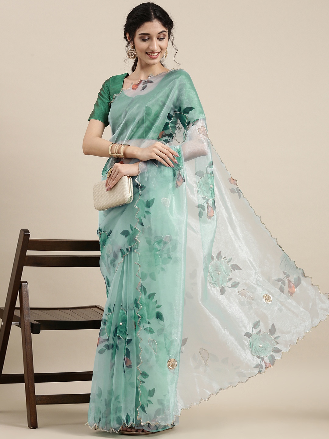 

VASTRANAND Sea Green Floral Beads and Stones Organza Saree