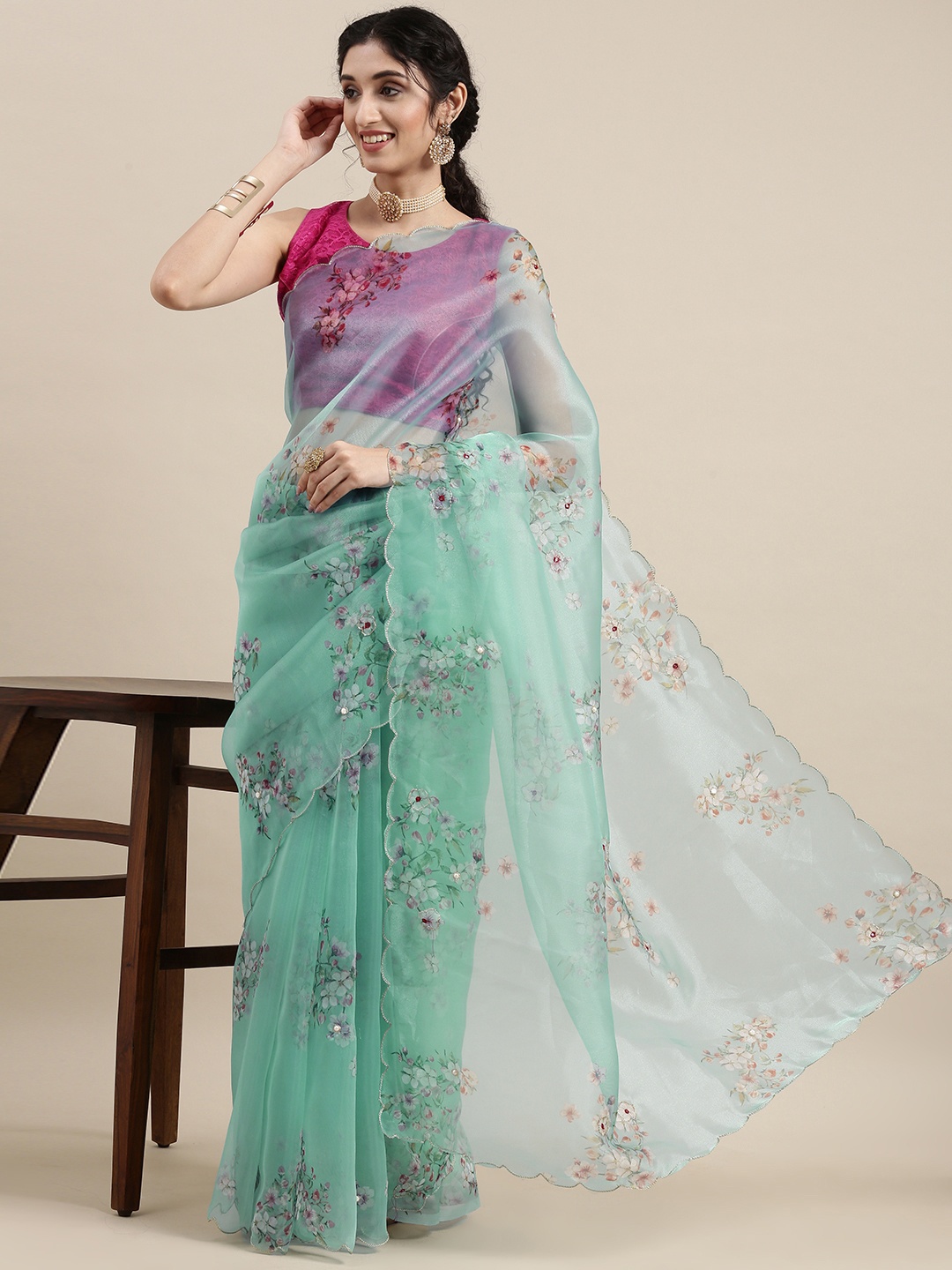 

VASTRANAND Blue Floral Beads and Stones Organza Saree