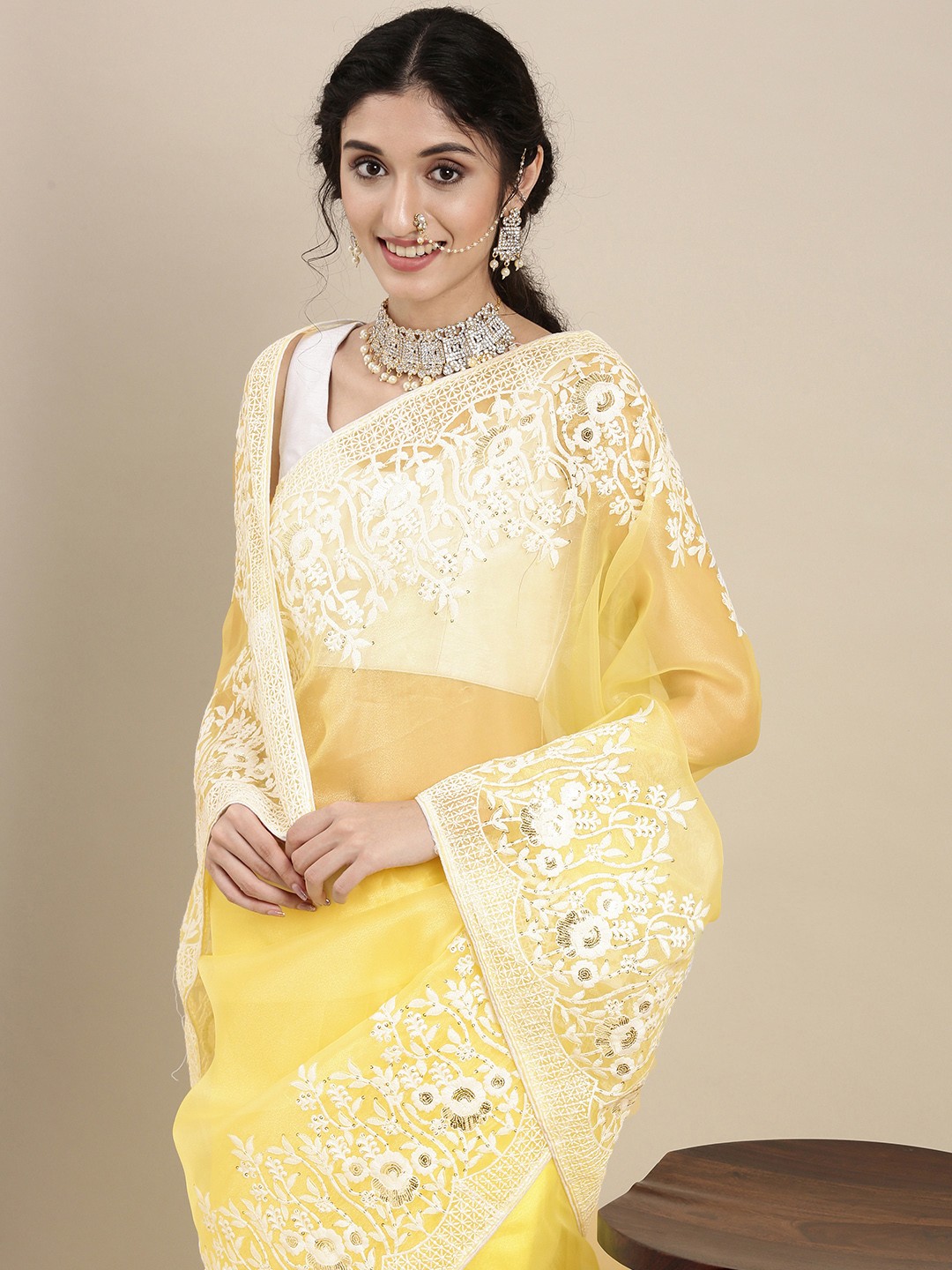

VASTRANAND Yellow Floral Embroidered Organza Saree