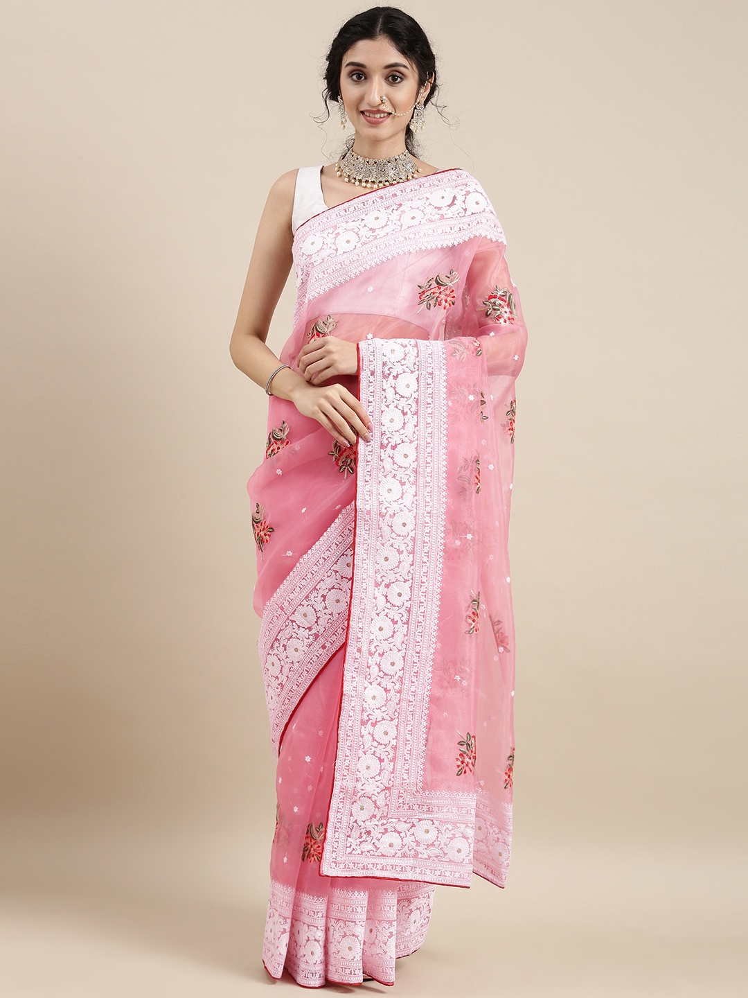 

VASTRANAND Pink Floral Embroidered Organza Saree