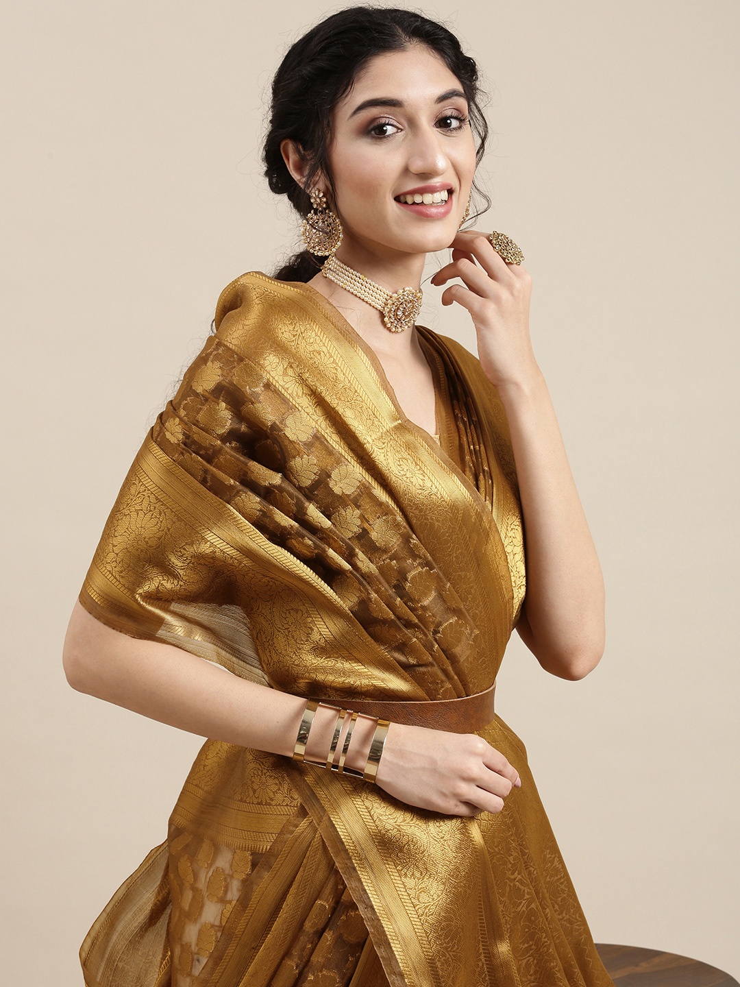 

VASTRANAND Gold-Toned Ethnic Motifs Zari Brasso Banarasi Saree
