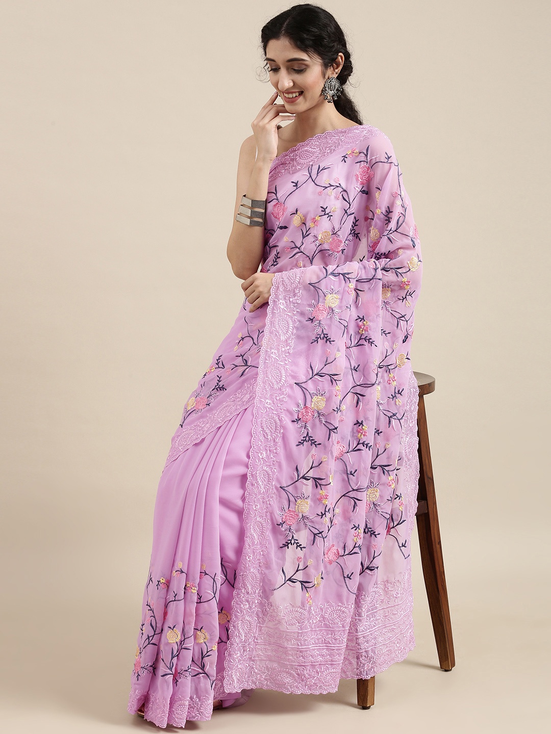 

VASTRANAND Lavender Floral Embroidered Saree