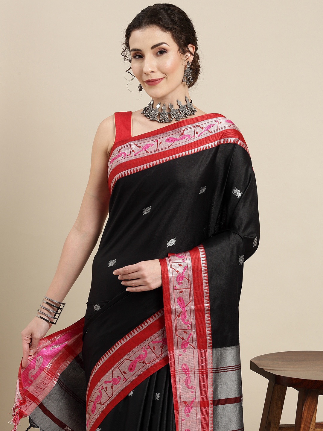 

VASTRANAND Black Ethnic Motifs Zari Silk Cotton Paithani Saree