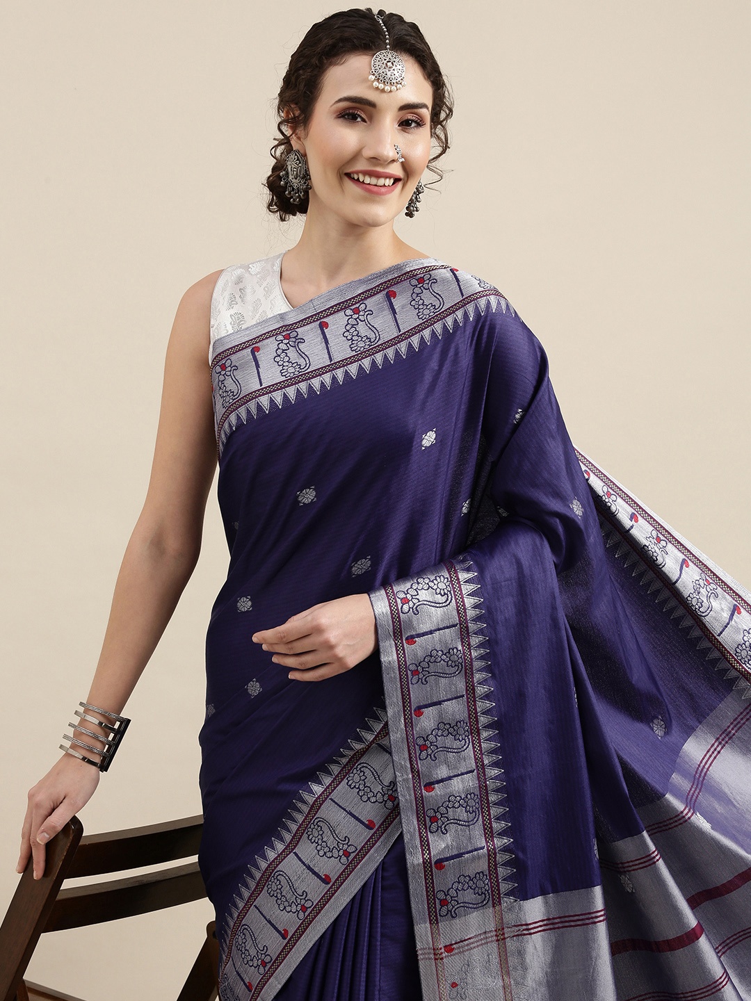 

VASTRANAND Blue Zari Silk Cotton Paithani Saree