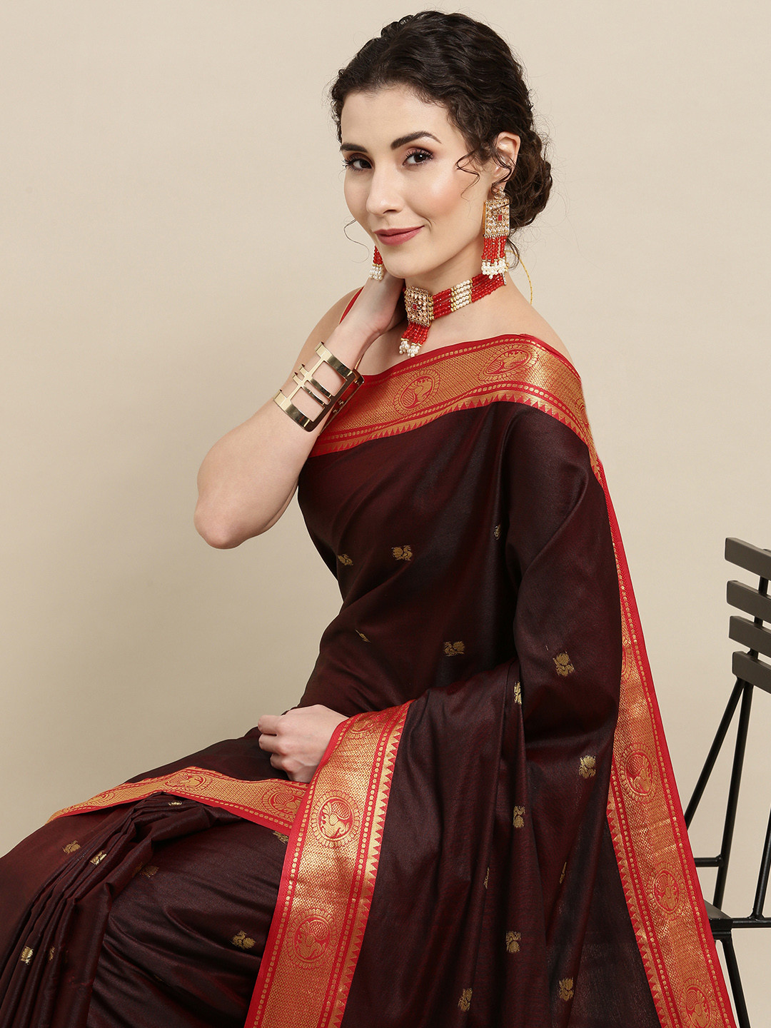 

VASTRANAND Brown Ethnic Motifs Zari Silk Cotton Paithani Saree
