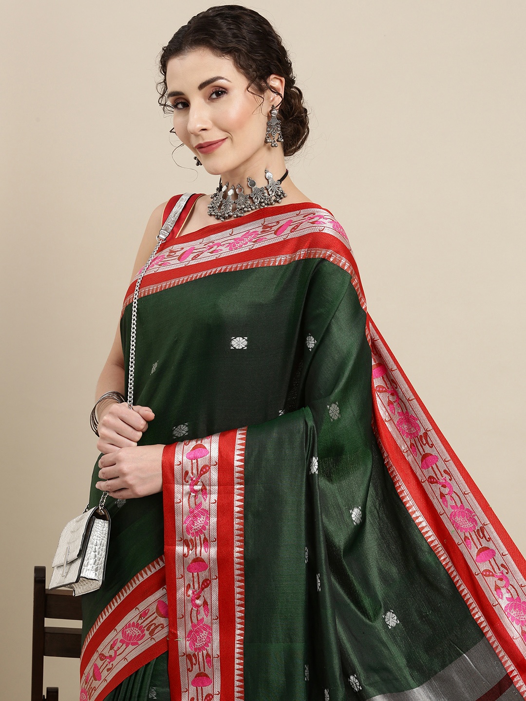 

VASTRANAND Green Ethnic Motifs Zari Silk Cotton Paithani Saree