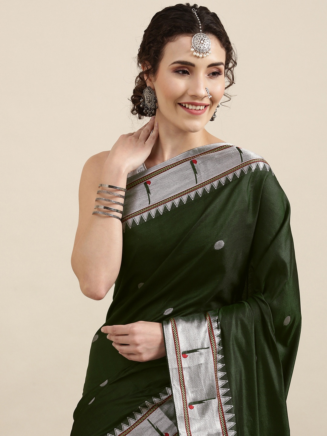 

VASTRANAND Green Ethnic Motifs Zari Silk Cotton Paithani Saree