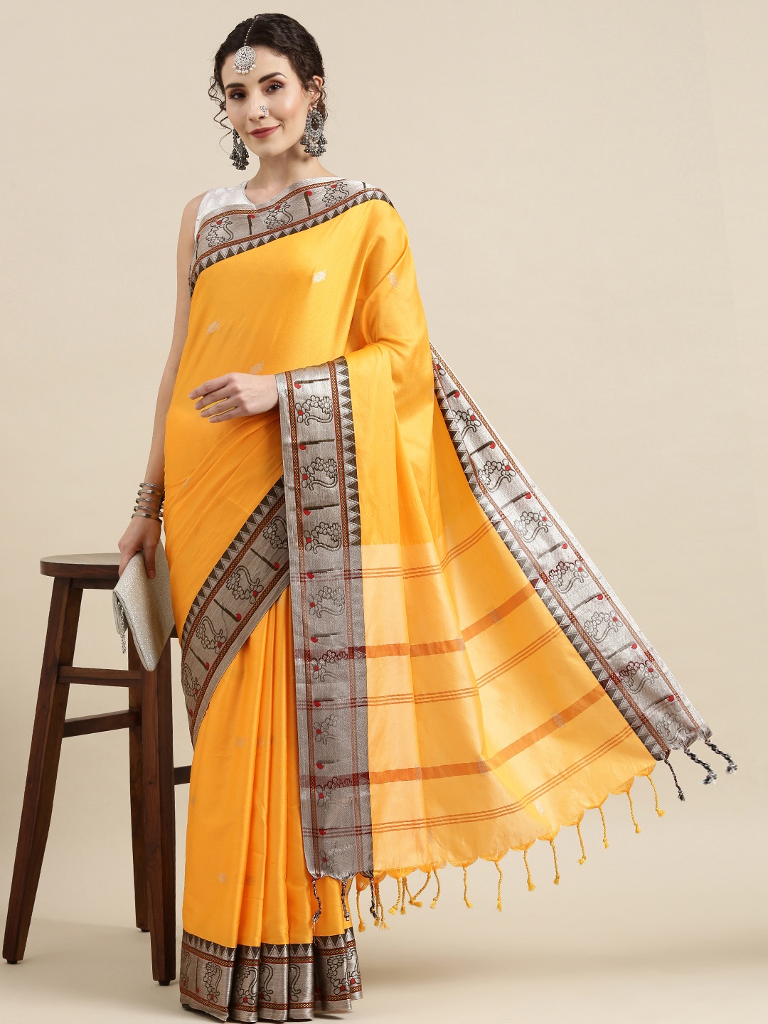 

VASTRANAND Yellow Ethnic Motifs Zari Silk Cotton Paithani Saree