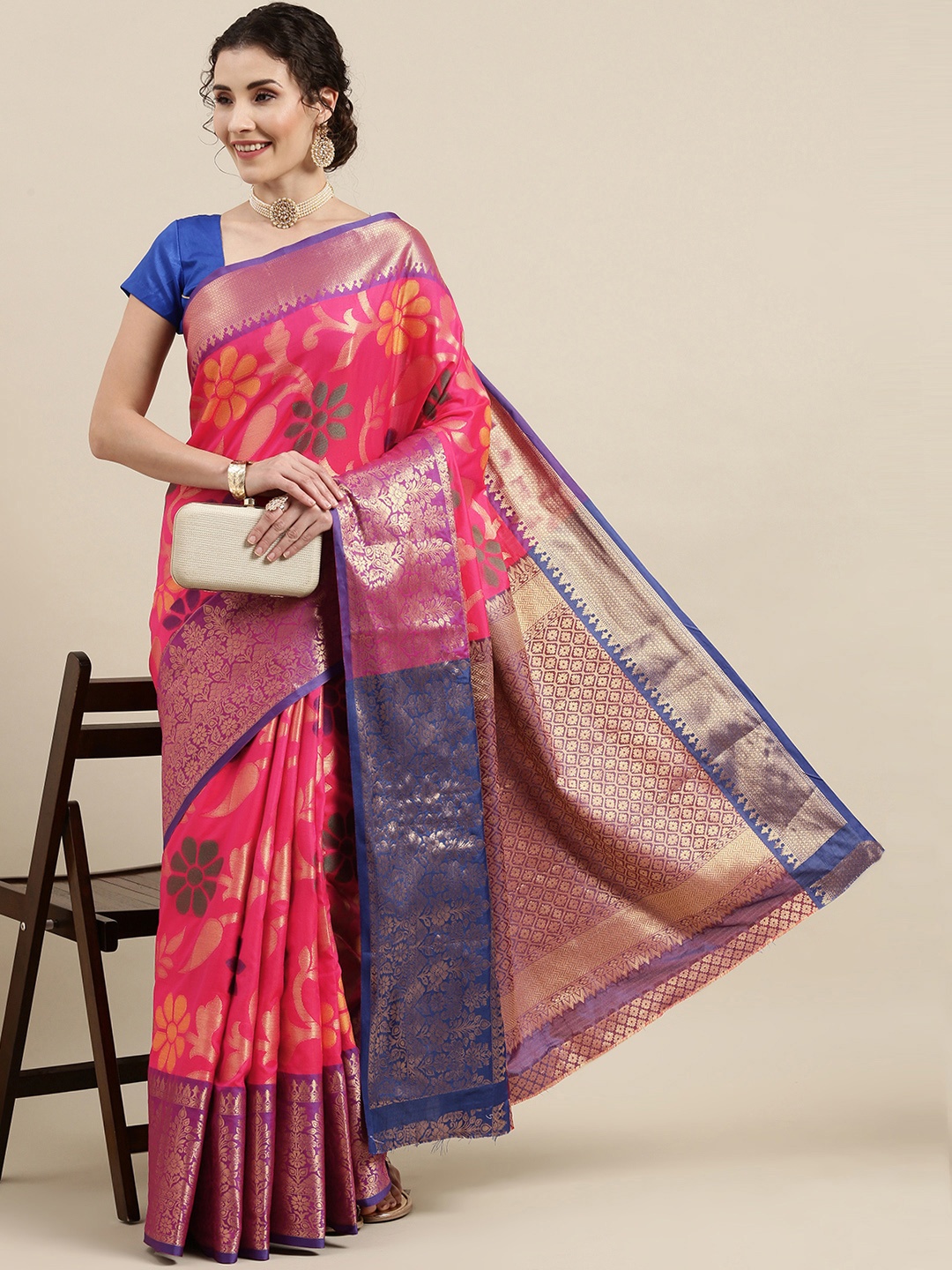 

VASTRANAND Pink & Blue Woven Design Zari Silk Blend Kanjeevaram Saree