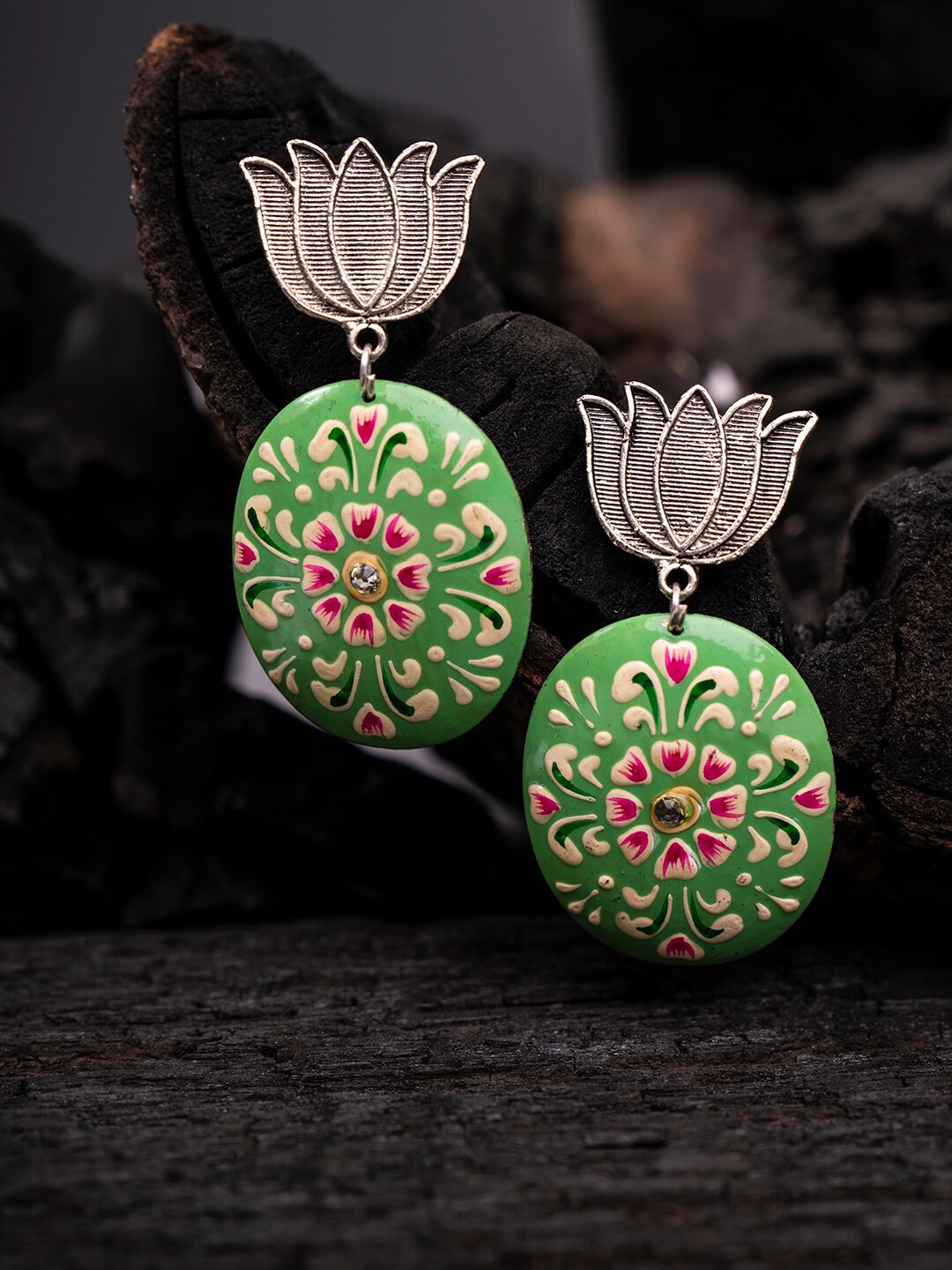 

Shoshaa Silver-Plated Green & Pink Floral Drop Earrings