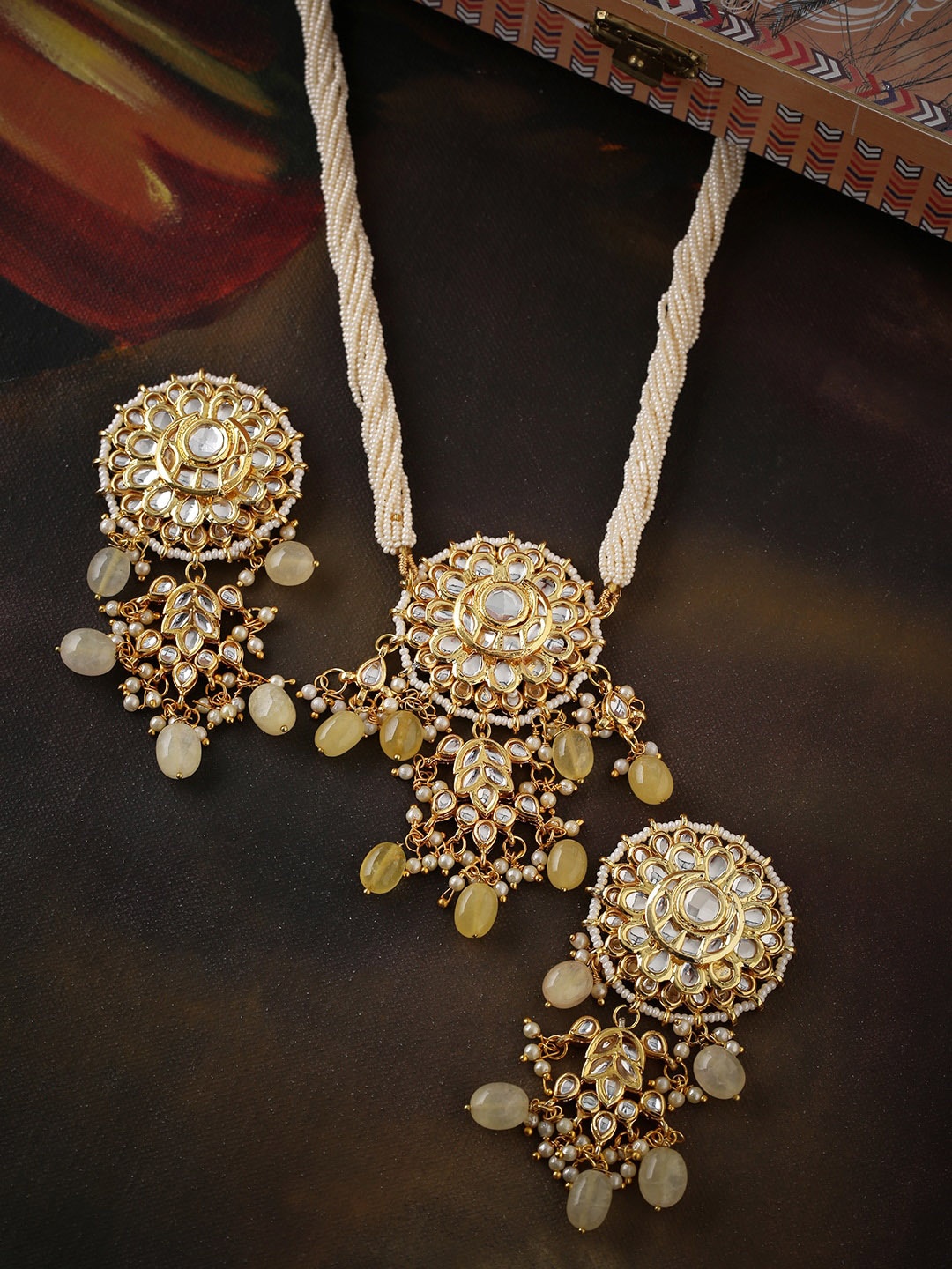 

Shoshaa Gold-Plated White & Yellow Kundan Studded & Beaded Jewellery Set