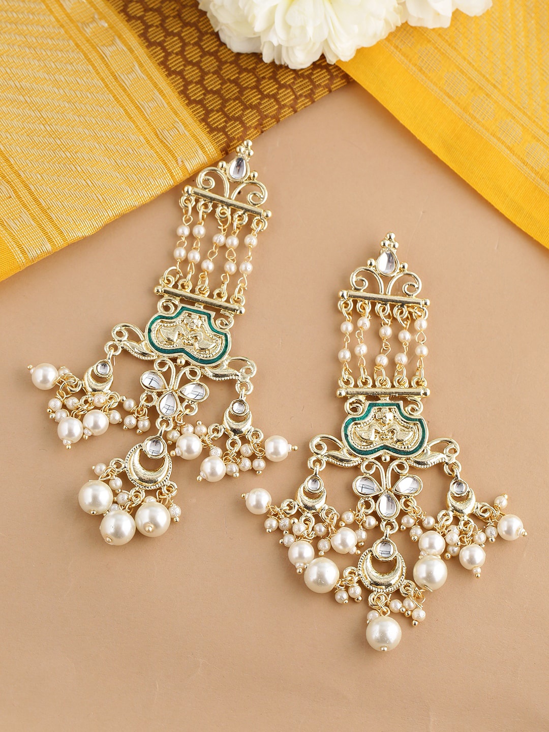 

Shoshaa Green & Gold Tone Kundan Drop Earrings With Pearls