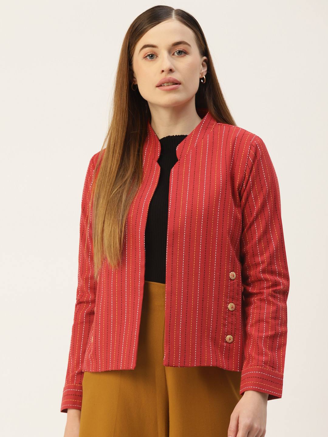 

Cottinfab Women Red White Striped Lightweight Open Front Jacket