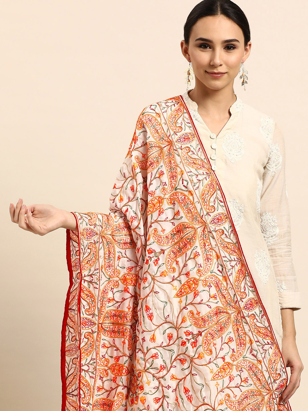 

VASTRANAND White & Orange Ethnic Motifs Embroidered Dupatta