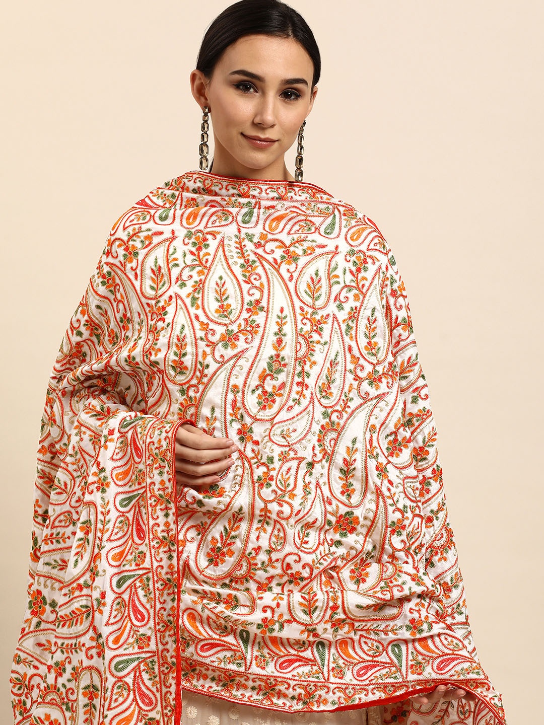 

VASTRANAND White & Orange Ethnic Motifs Embroidered Dupatta