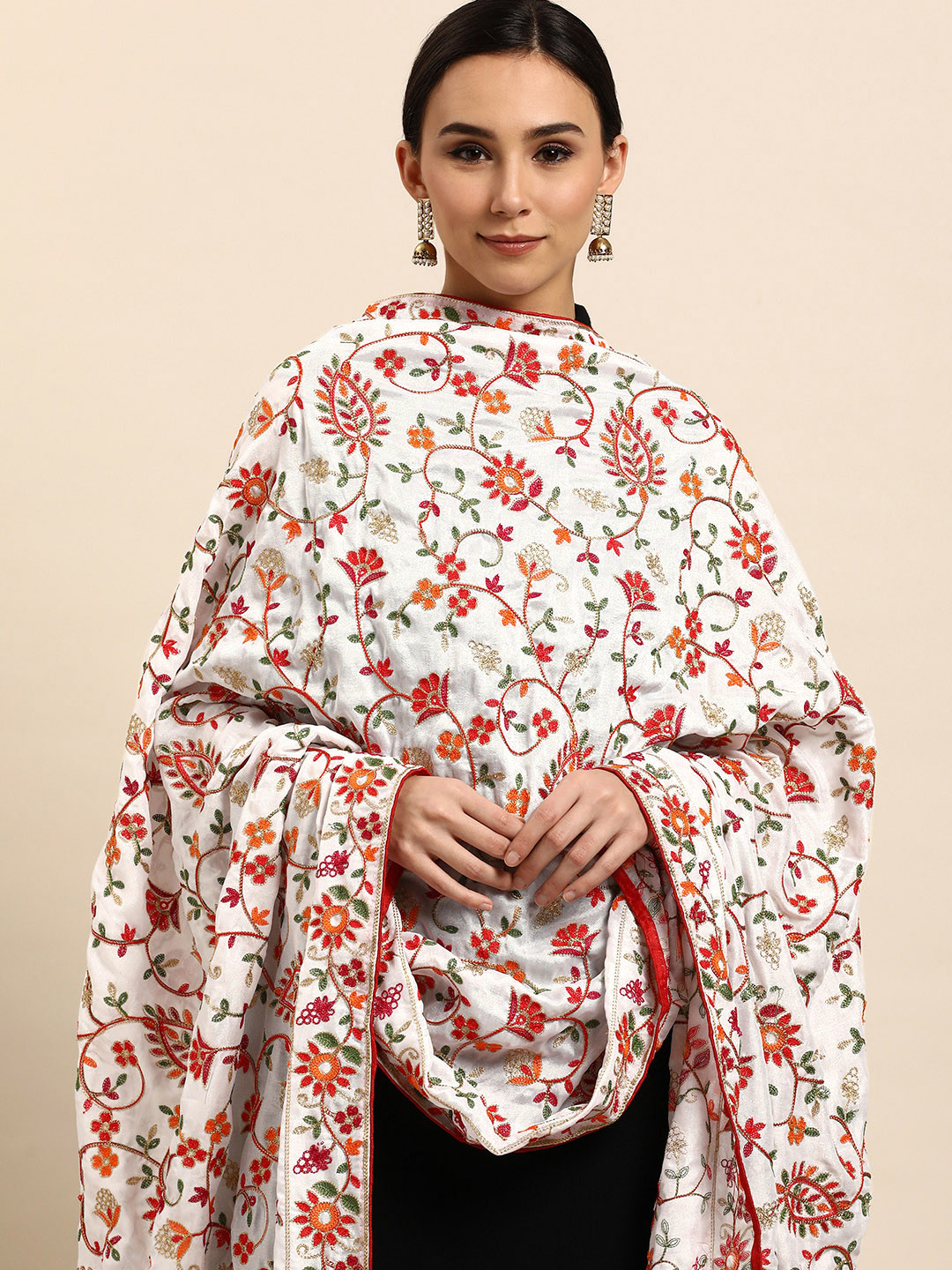 

VASTRANAND White & Red Ethnic Motifs Embroidered Dupatta