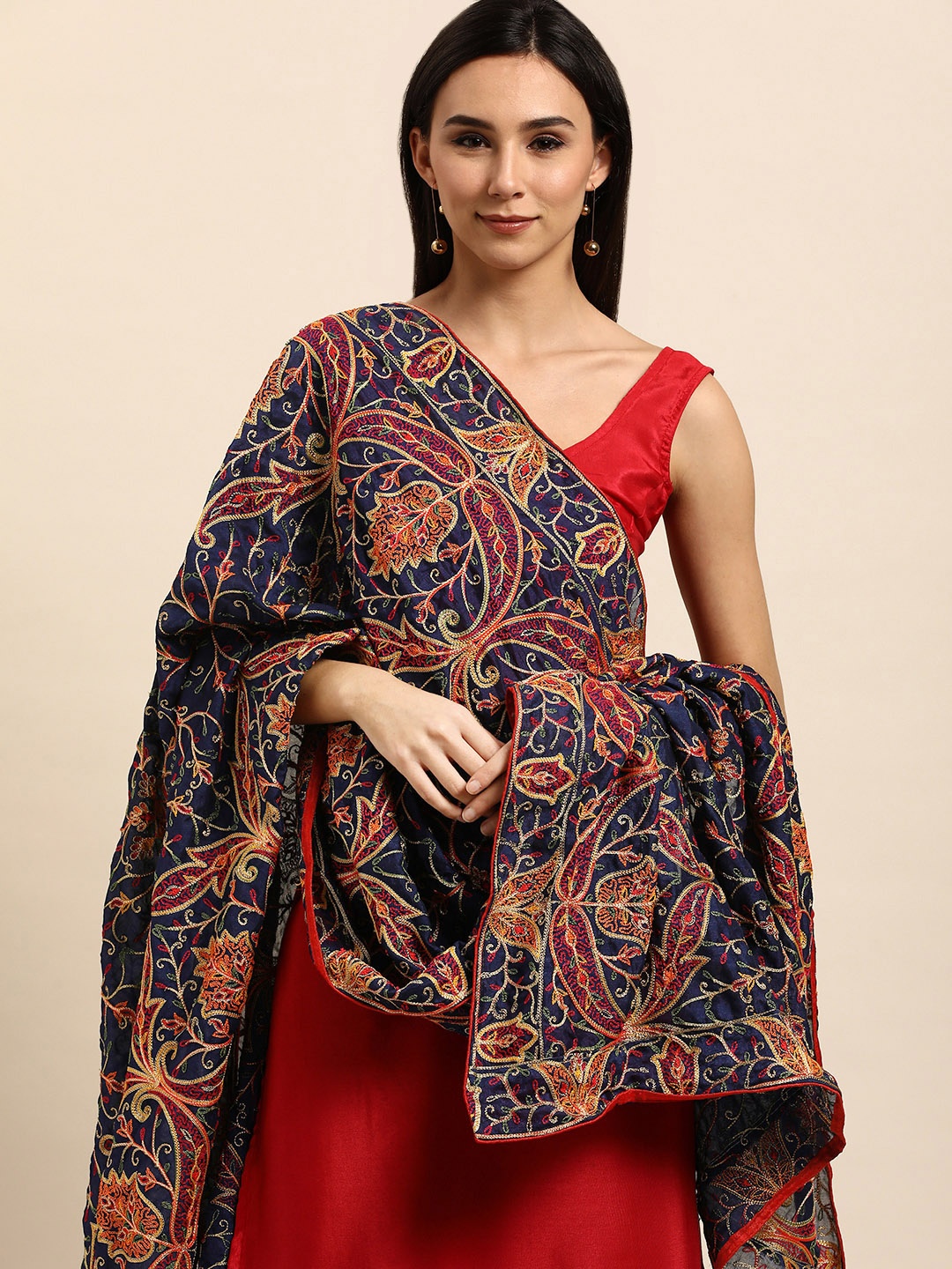 

VASTRANAND Navy Blue & Red Ethnic Motifs Embroidered Dupatta