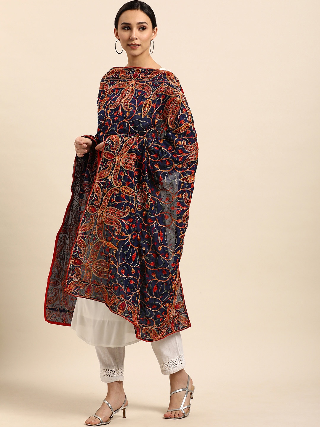 

VASTRANAND Navy Blue & Orange Ethnic Motifs Embroidered Dupatta