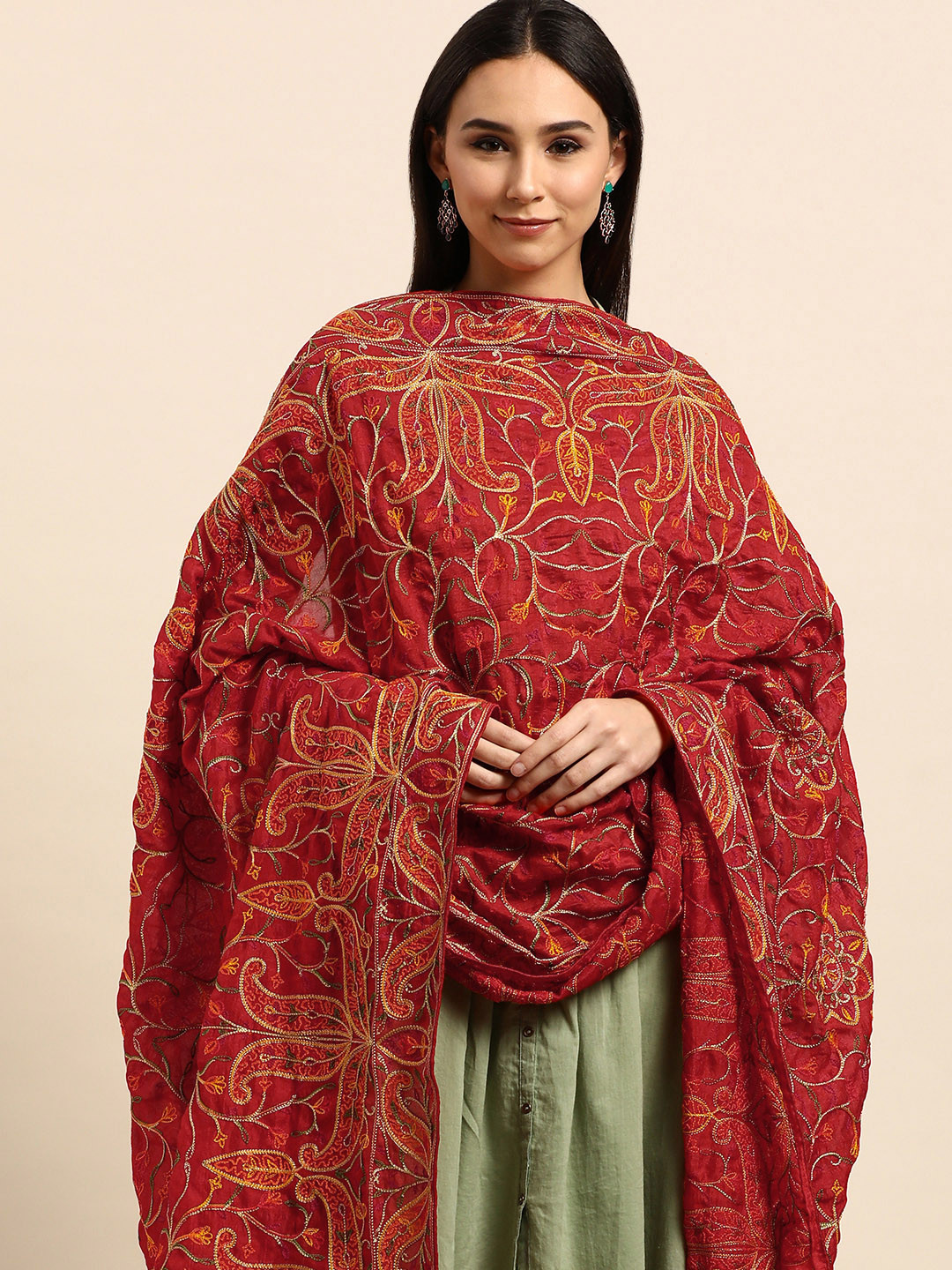 

VASTRANAND Red & Yellow Ethnic Motifs Embroidered Dupatta