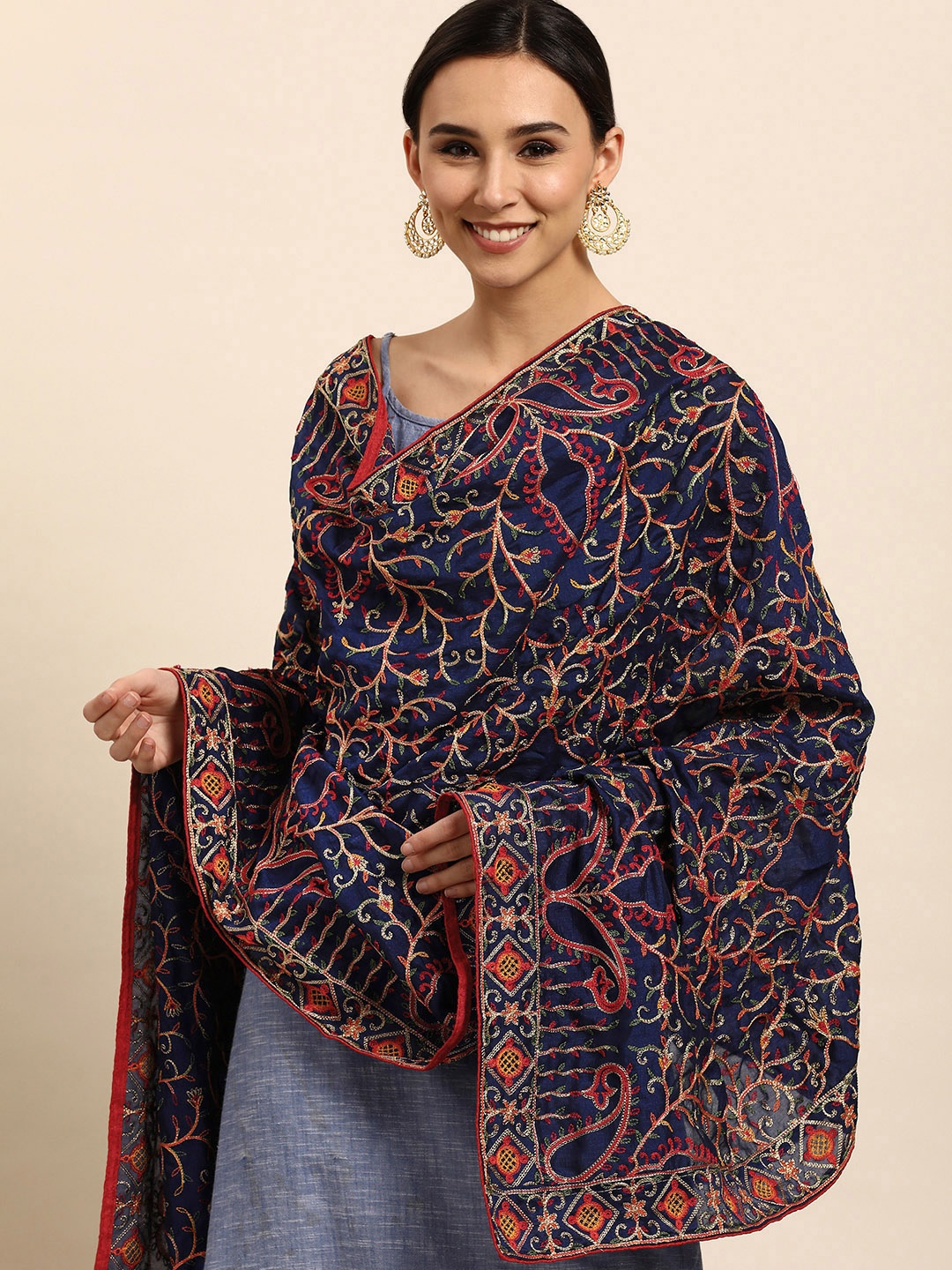 

VASTRANAND Navy Blue & Red Ethnic Motifs Embroidered Dupatta