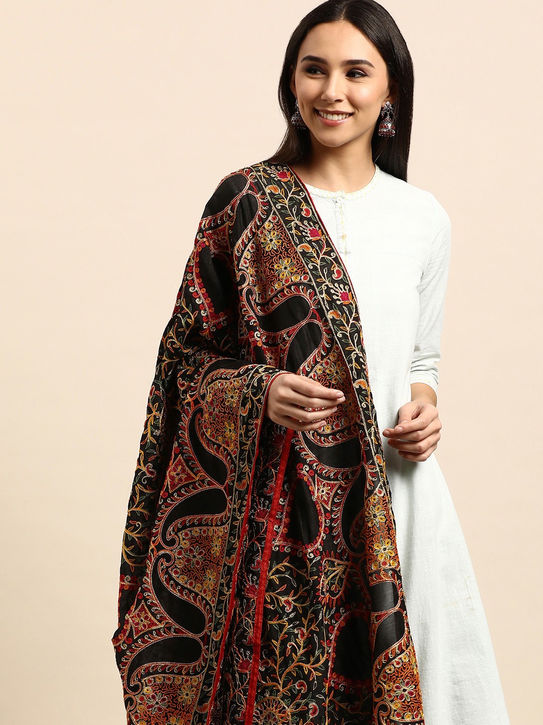 

VASTRANAND Black & Orange Ethnic Motifs Embroidered Dupatta