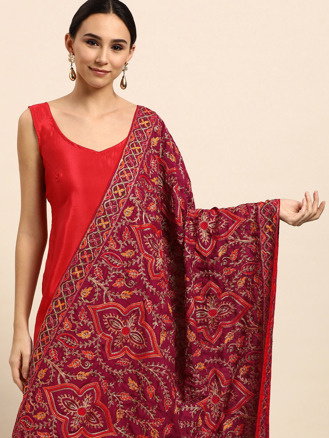 

VASTRANAND Burgundy & Orange Ethnic Motifs Embroidered Dupatta