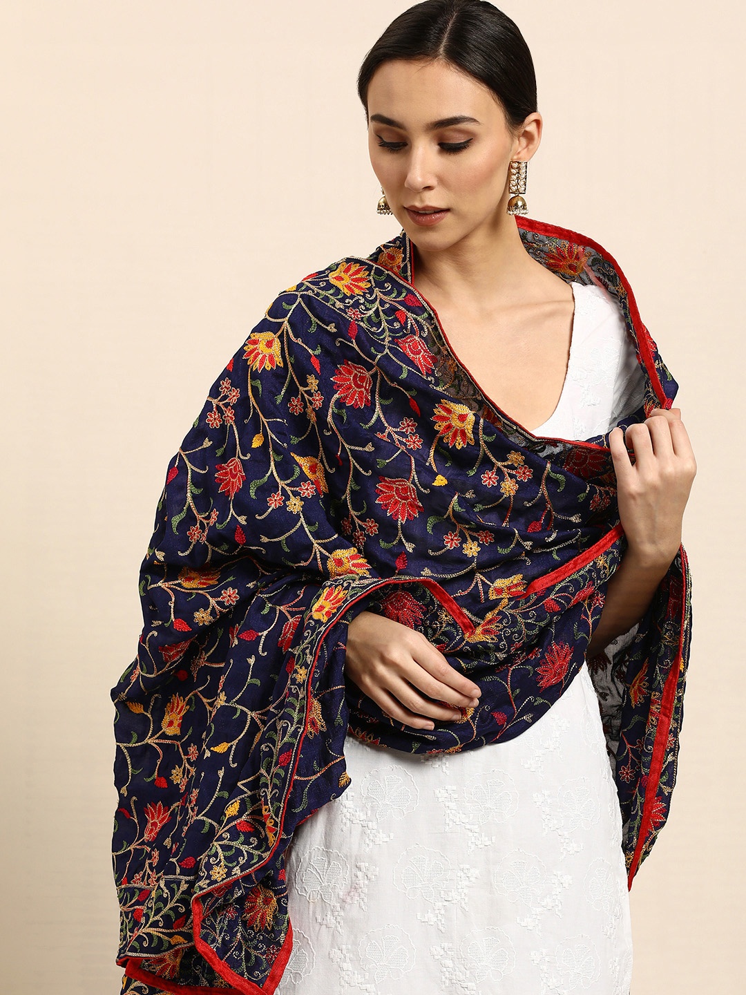 

VASTRANAND Navy Blue & Red Ethnic Motifs Embroidered Dupatta