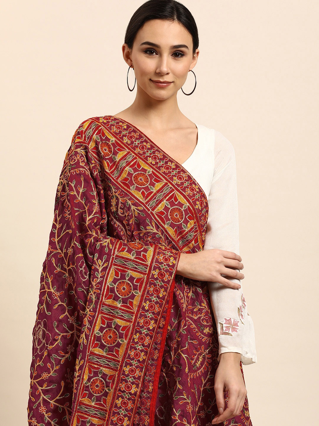 

VASTRANAND Burgundy & Yellow Ethnic Motifs Embroidered Dupatta