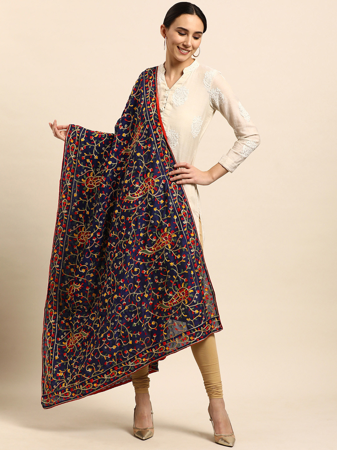 

VASTRANAND Navy Blue & Red Ethnic Motifs Embroidered Dupatta
