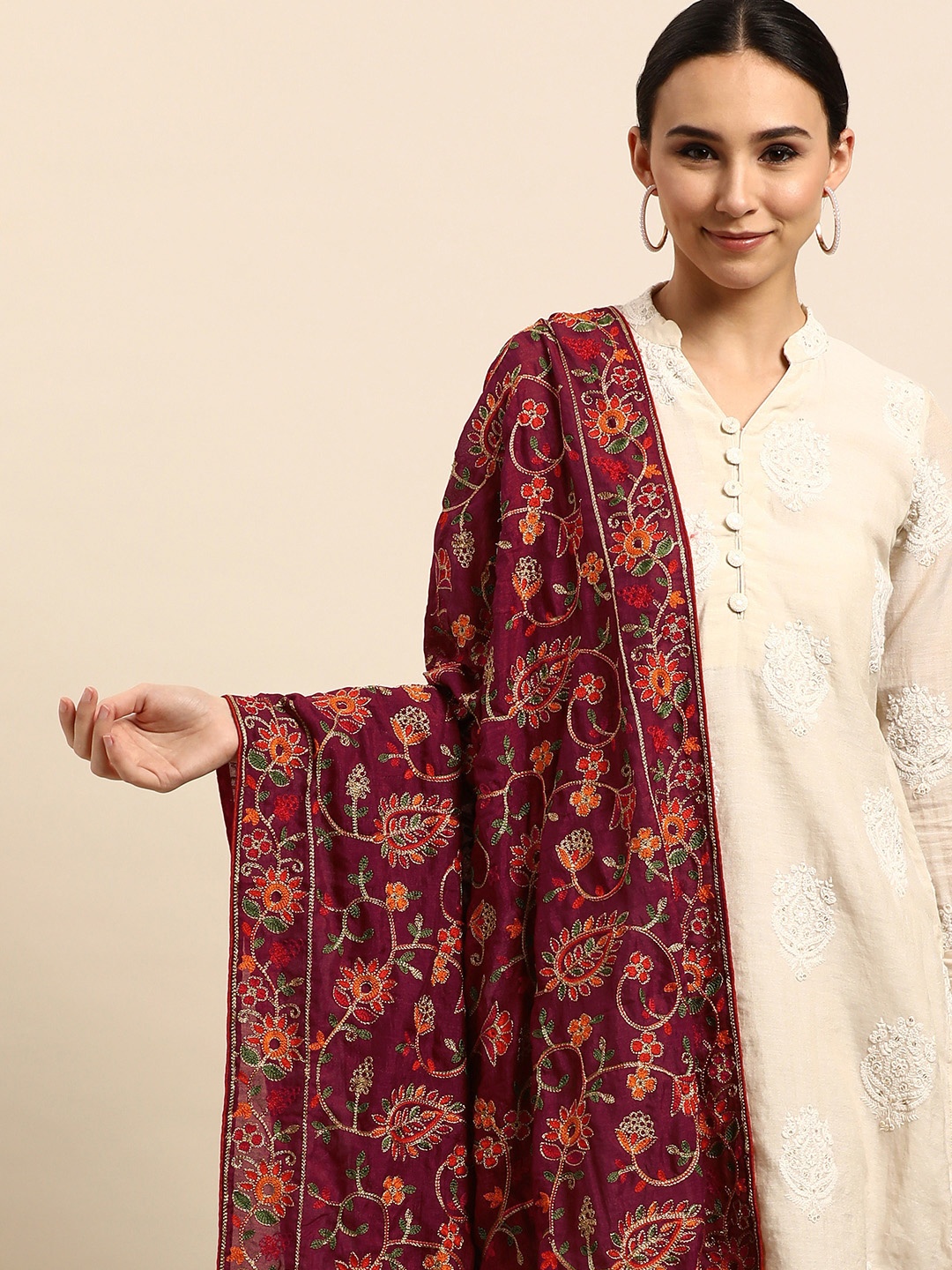 

VASTRANAND Burgundy & Orange Ethnic Motifs Embroidered Dupatta