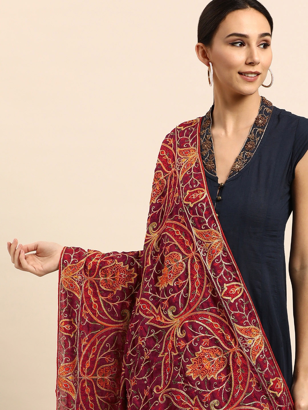 

VASTRANAND Burgundy & Orange Ethnic Motifs Embroidered Dupatta