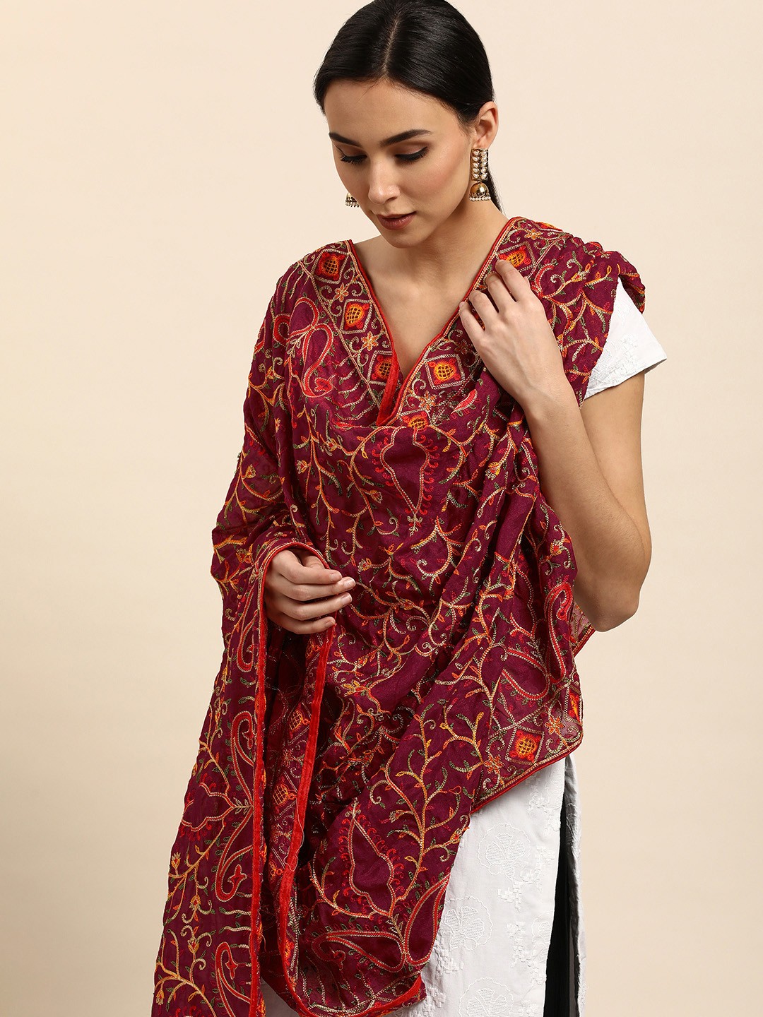 

VASTRANAND Burgundy & Red Ethnic Motifs Embroidered Dupatta