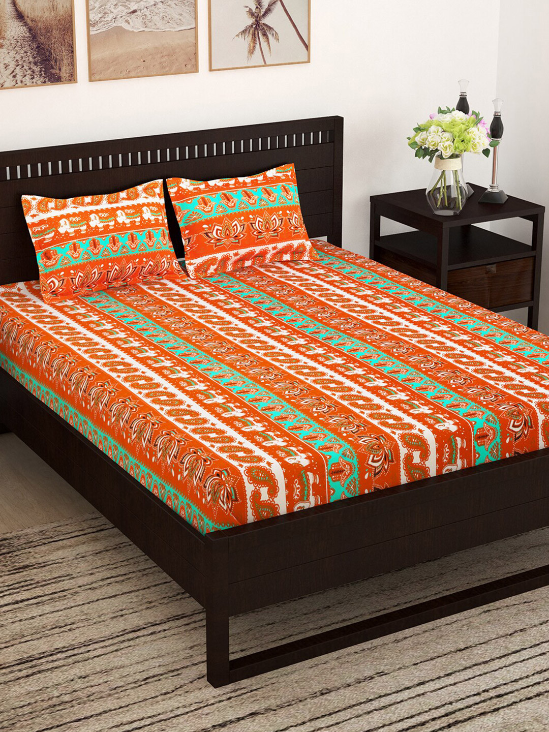 

Story@home Orange & Green Floral Pure Cotton 152 TC Queen Bedsheet with 2 Pillow Covers