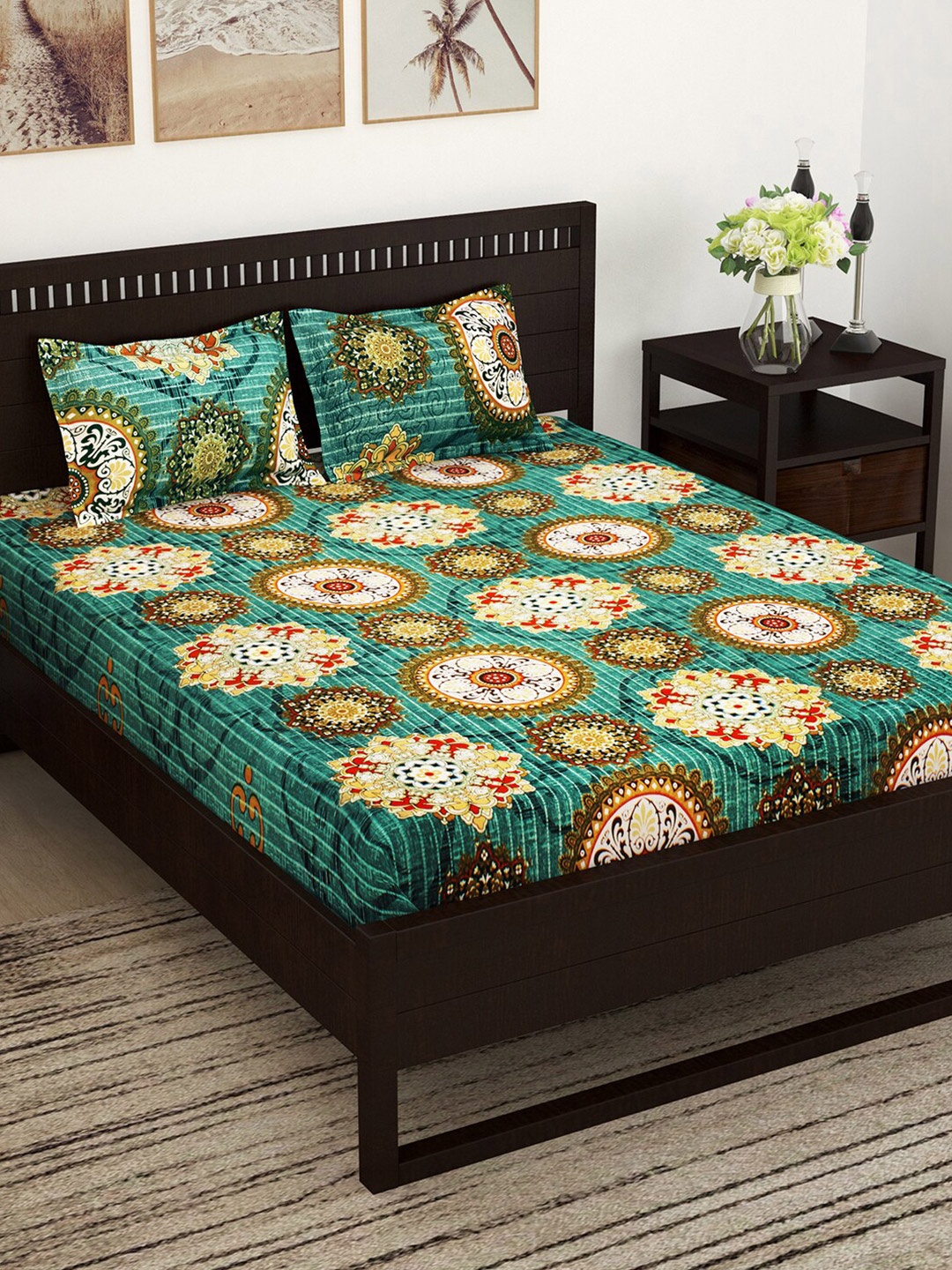 

Story@home Turquoise Blue & Tan Floral 152 TC Queen Bedsheet with 2 Pillow Covers