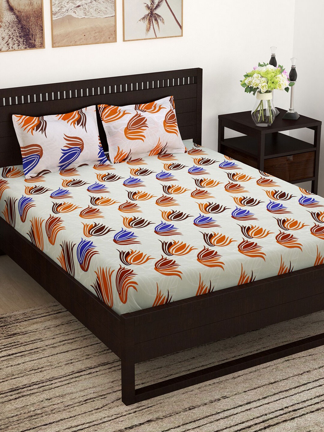 

Story@home White Blue Floral Pure Cotton 144 TC Queen Bedsheet with 2 Pillow Covers