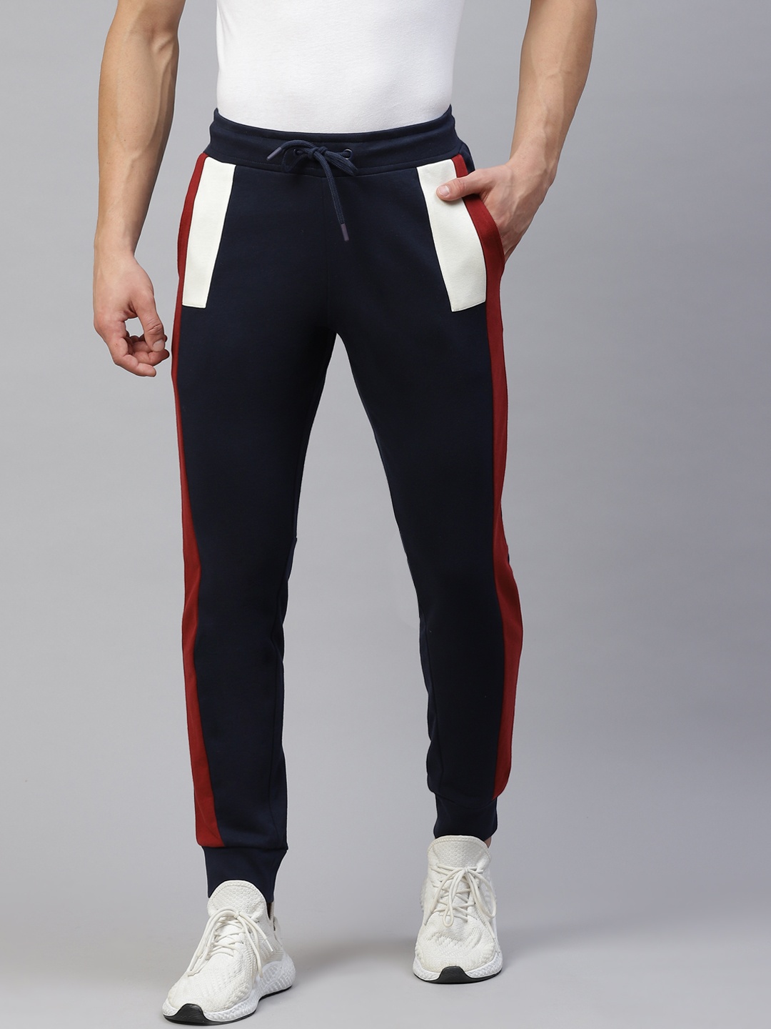 

Marks & Spencer Men Navy Blue & Red Slim Fit Side Panelling Joggers