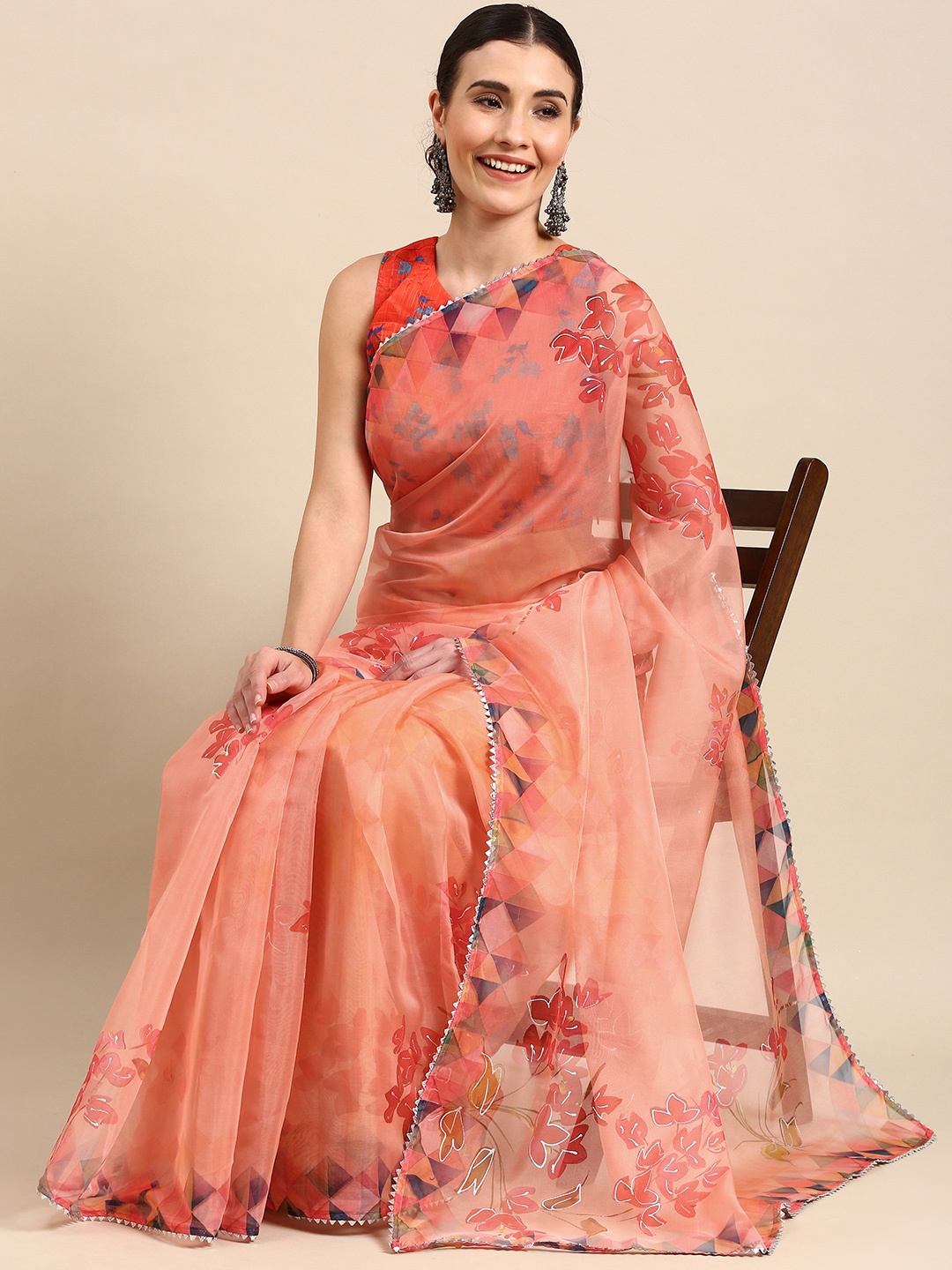 

all about you Women Pink Floral Print Saree
