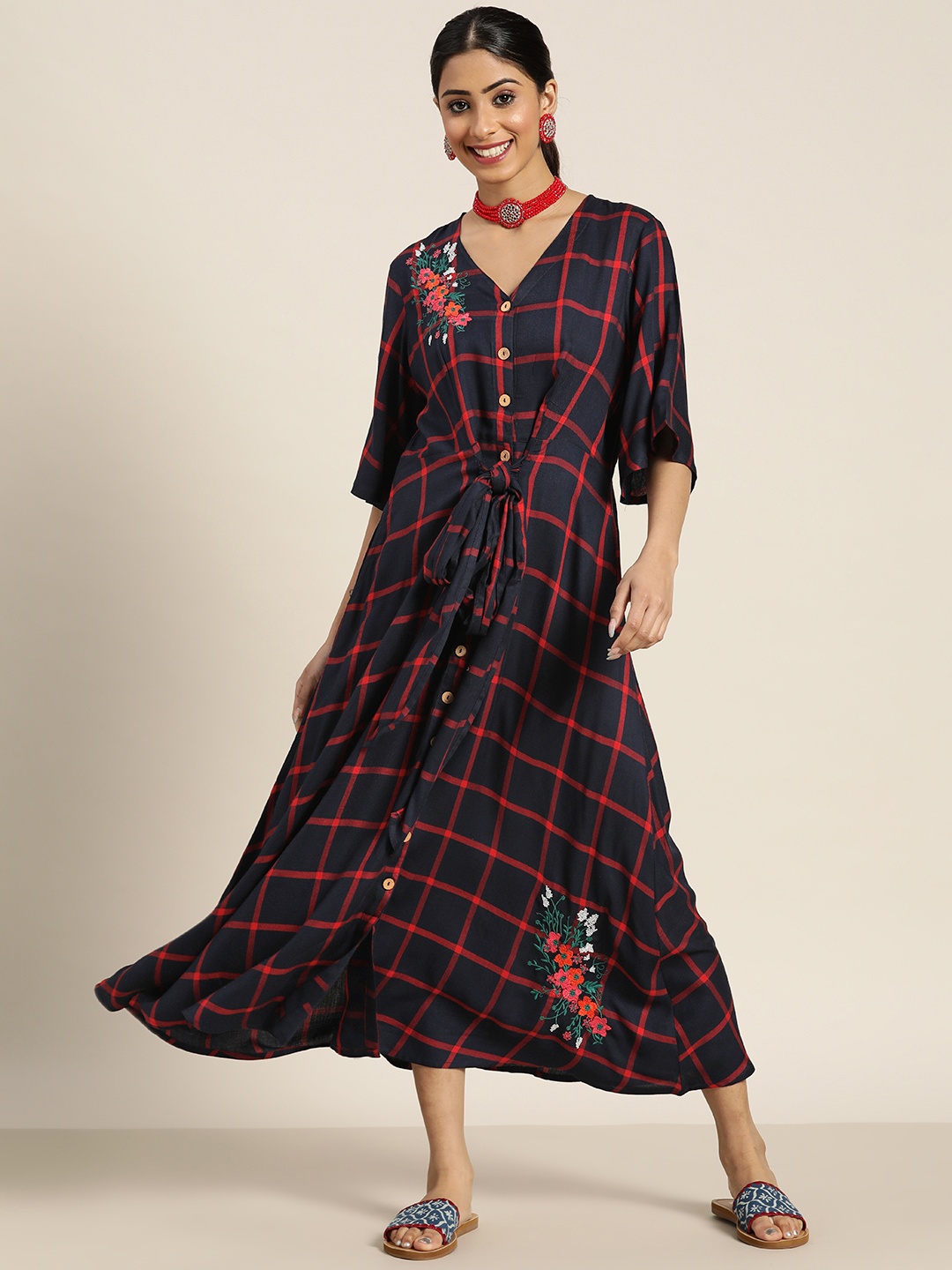 

Sangria Navy Blue & Rust Red Checked A-Line Midi Dress