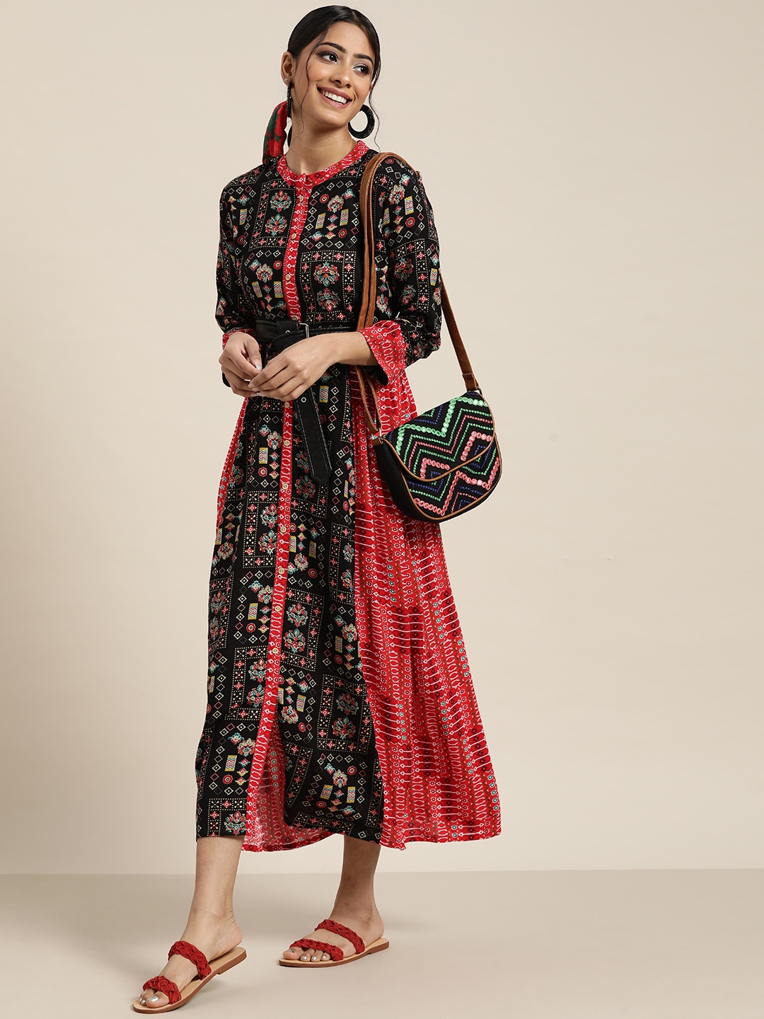

Sangria Black & Red Bohemian Print A-Line Midi Dress