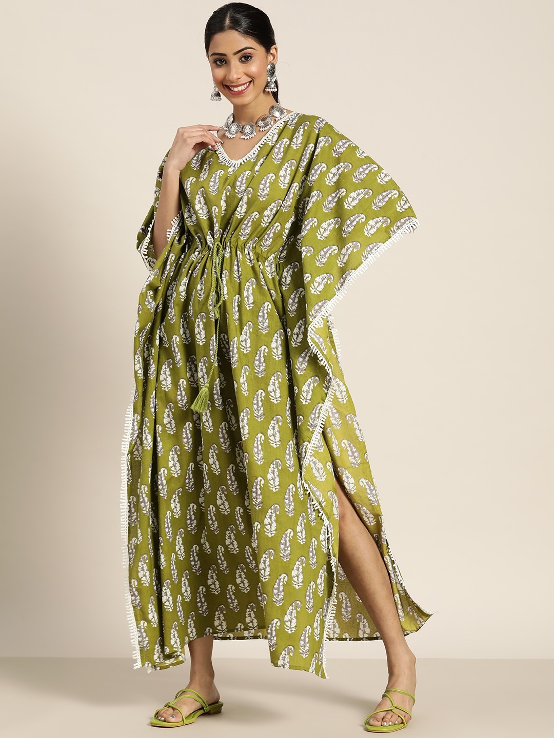 

Sangria Olive Green & White Ethnic Print Cotton Kaftan Maxi Dress