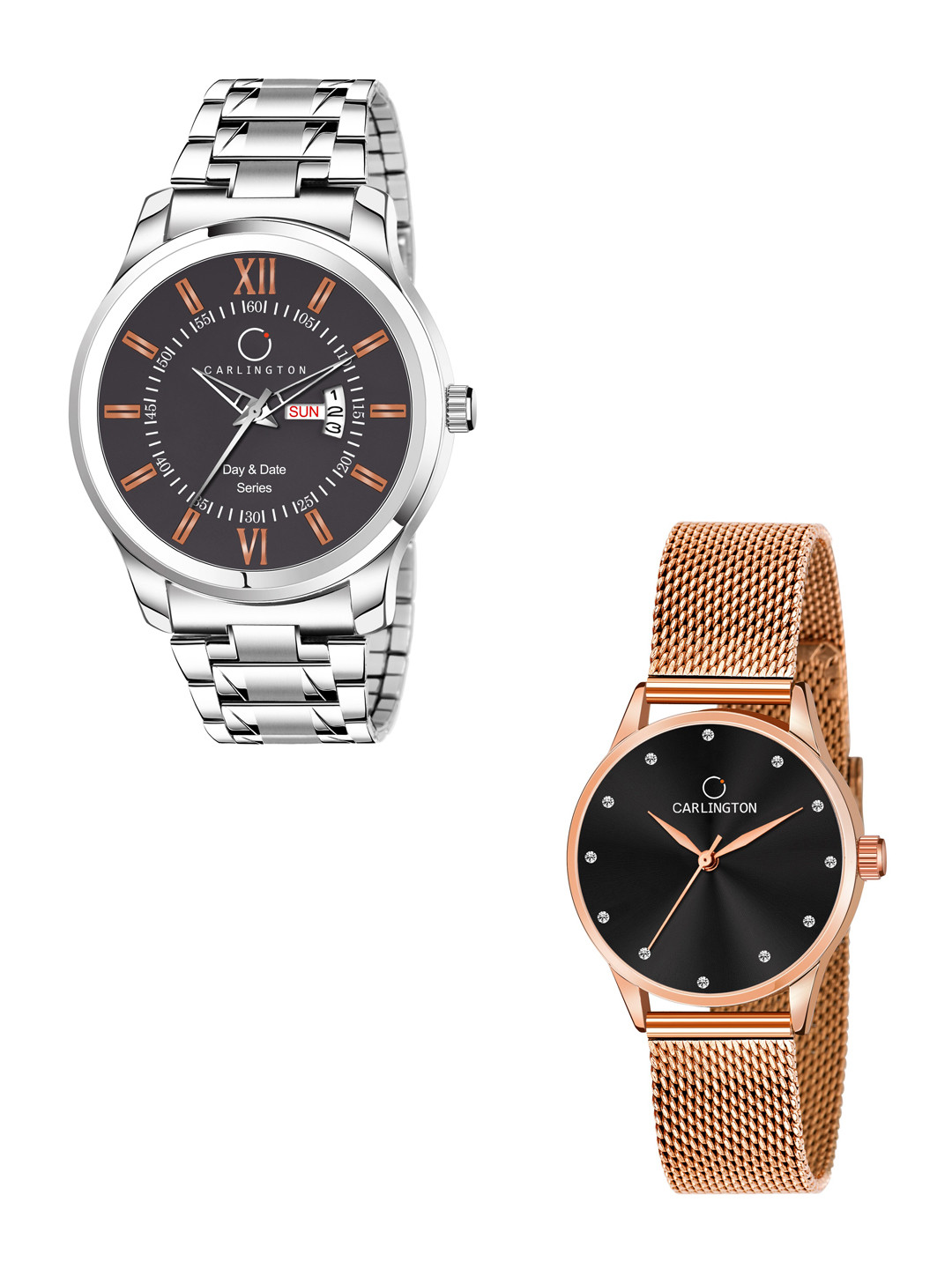 

CARLINGTON His & Her Watch Gift Set Combo G01 Chocolate-CT2009 RoseBlack, Silver